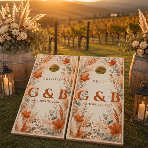 Personalized Rustic Terracotta Fall Pampas Grass Cornhole Set