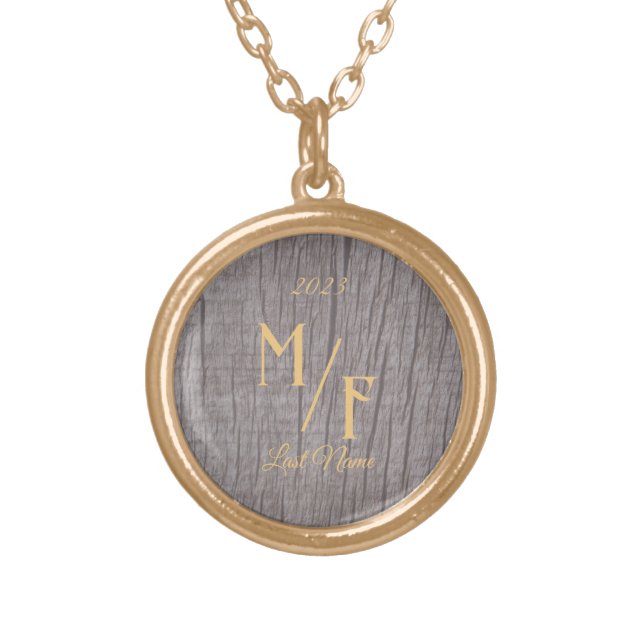 Personalized Rustic tree bark nature with initials Gold Plated Necklace (Front)