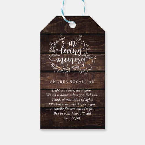 Personalized Rustic Vines dark wood Funeral Tag