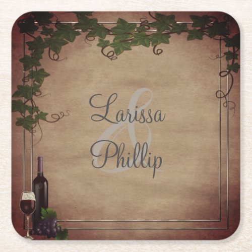 Personalized Rustic  Vineyard  Wedding  Square Paper Coaster