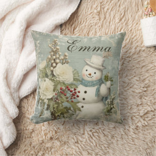 Personalized Rustic Vintage Snowman Christmas Throw Pillow