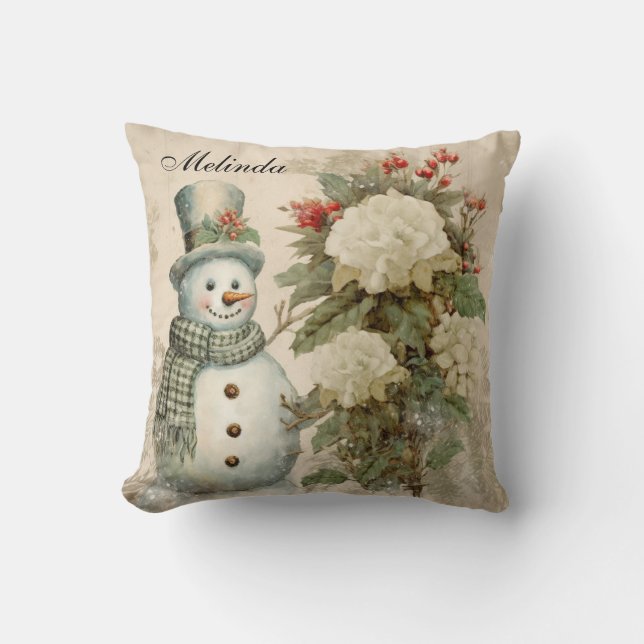 Personalized Rustic Vintage Snowman Christmas  Throw Pillow (Front)
