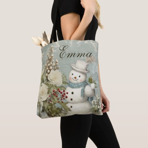 Personalized Rustic Vintage Snowman Christmas Tote Bag