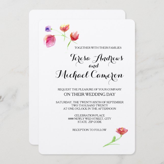 Personalized, Rustic, Watercolor flower, Wedding Invitation (Front/Back)