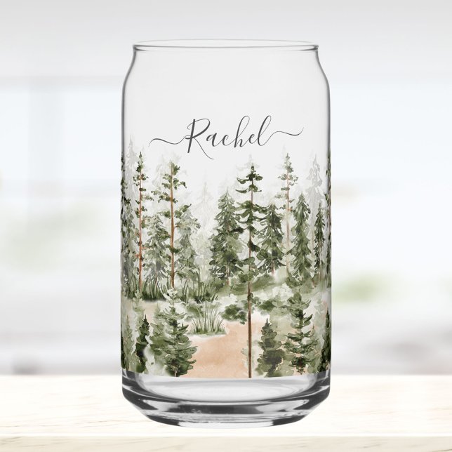 Personalized Rustic Watercolor Green Forest Can Glass (In situ)