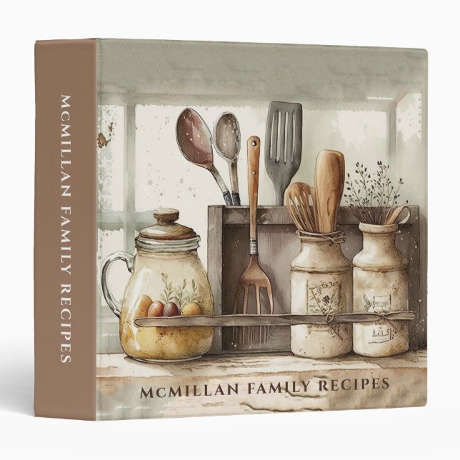 Personalized Rustic Watercolor Kitchen Utensils  3 Ring Binder (Front/Spine)
