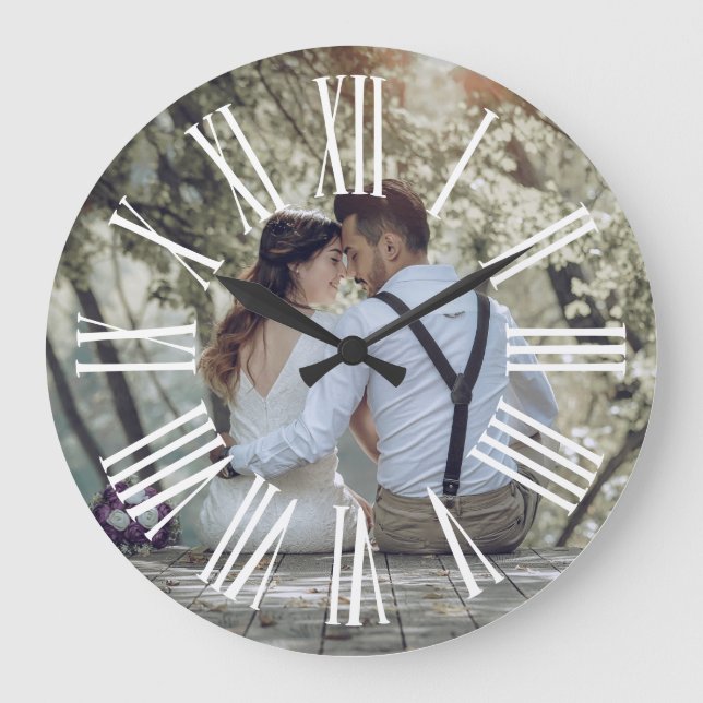 Personalized Rustic Wedding Couple Photo  Large Clock (Front)