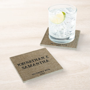 Personalized Rustic Wedding Glass Coaster – Burlap