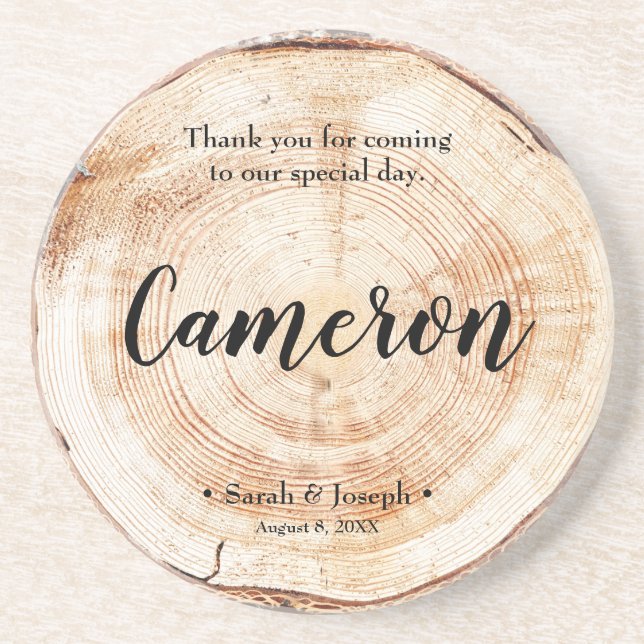 Personalized Rustic wedding Name wood cut coaster (Front)