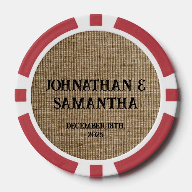Personalized Rustic Wedding Poker Chips – Burlap  (Front)