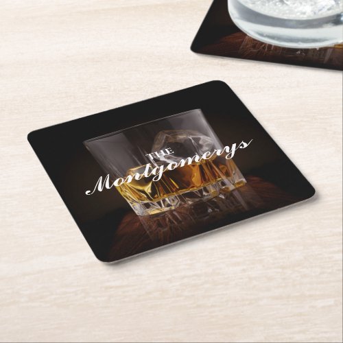 Personalized Rustic Whiskey Rocks Square Paper Coaster
