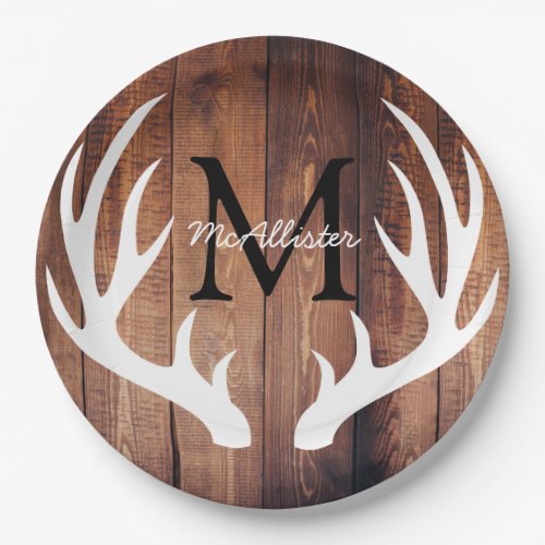 Personalized _ Rustic White Deer Antlers Barn Wood Paper Plates