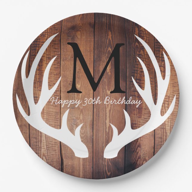Personalized - Rustic White Deer Antlers Barn Wood Paper Plates (Front)