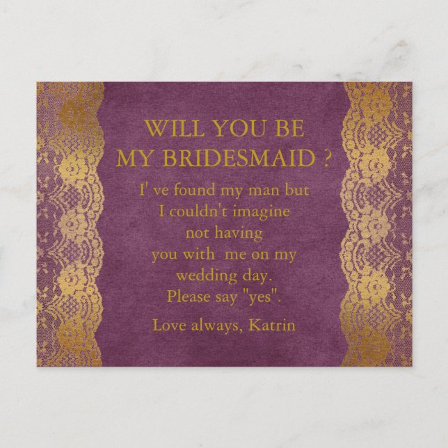 Personalized Rustic Will You Be My Bridesmaid Post Invitation Postcard (Front)