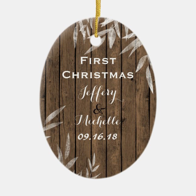 Personalized Rustic Willow on Wood First Christmas Ceramic Ornament (Front)