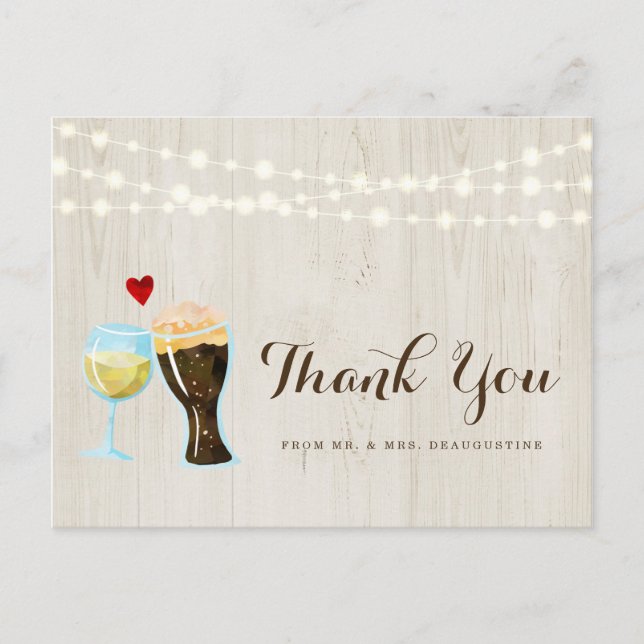 Personalized Rustic Wine & Beer Wedding Thank You Postcard (Front)