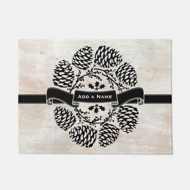 Personalized Rustic Winter Holly Pine Cones Laurel Doormat (Front)