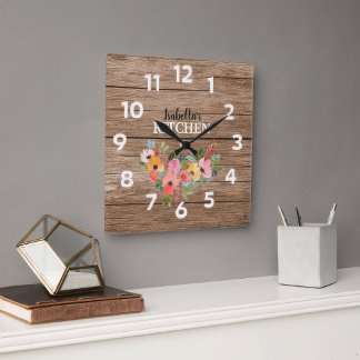 Personalized Rustic Wood And Pink Floral Kitchen Large Clock