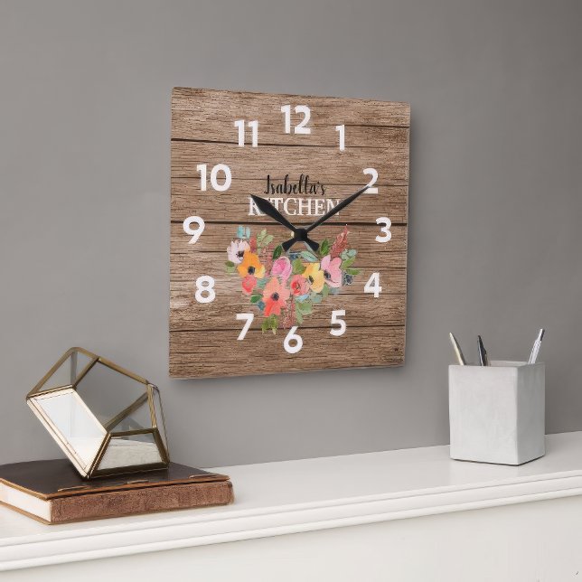 Personalized Rustic Wood And Pink Floral Kitchen  Large Clock (Personalized Rustik Wood )