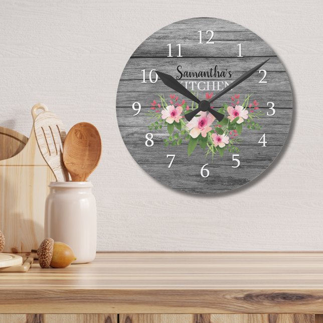 Personalized Rustic Wood And Pink Floral Kitchen Round Clock (Creator Uploaded)