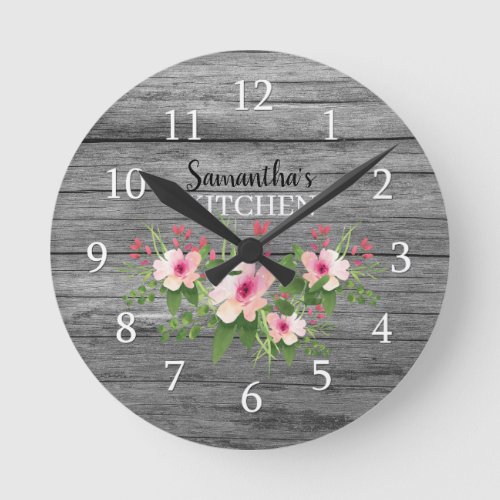 Personalized Rustic Wood And Pink Floral Kitchen Round Clock