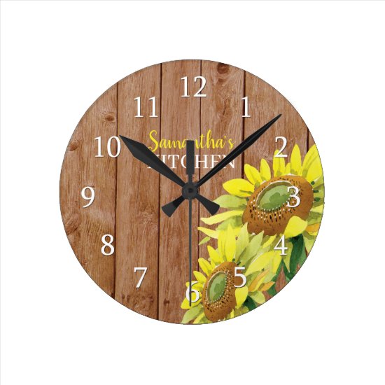 Personalized Rustic Wood And Sunflower Kitchen Round Clock