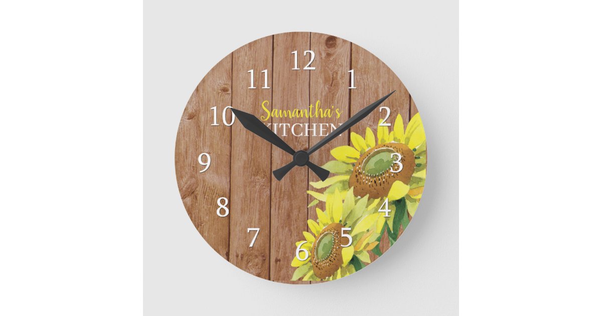 Personalized Rustic Wood And Sunflower Kitchen Round Clock