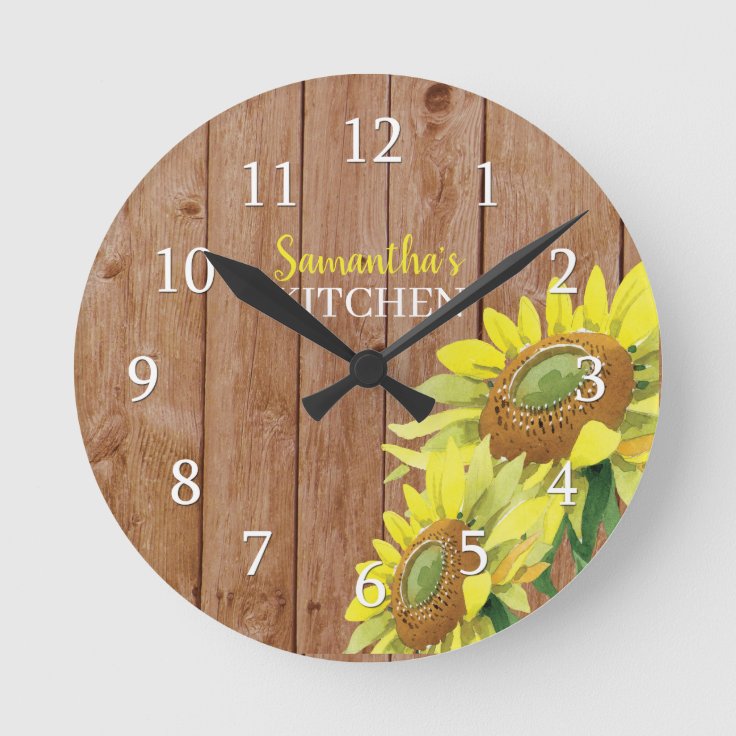 Personalized Rustic Wood And Sunflower Kitchen Round Clock Zazzle