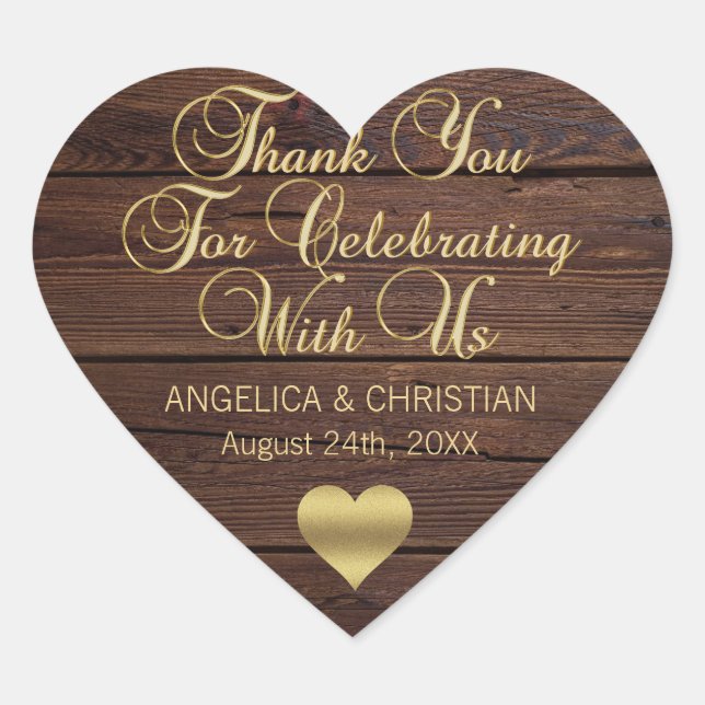 Personalized RUSTIC Wood Barn Gold Wedding Heart Sticker (Front)