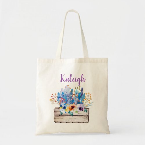 Personalized Rustic Wood Box Colorful Flowers Tote Bag