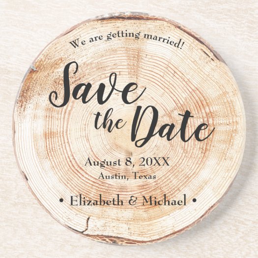 Personalized Rustic Wood Disc Save The Date Coaster