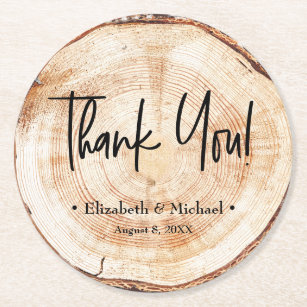 Personalized Rustic Wood Disc Thank you Wedding Co Round Paper Coaster