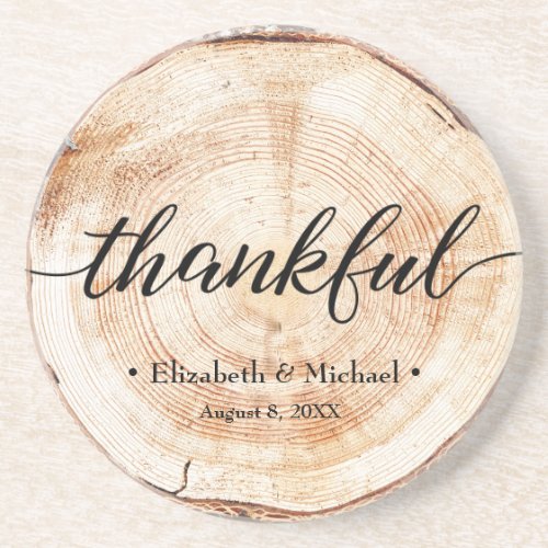 Personalized Rustic Wood Disc Thankful Wedding Coaster