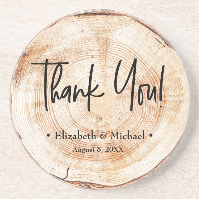 Personalized Rustic Wood Disk Thank you Wedding Coaster (Front)