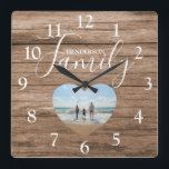 Personalized Rustic Wood Effect | Heart Photo Square Wall Clock<br><div class="desc">This stylish family photo clock is the perfect gift forchristmas,  birthday,  wedding,  baby shower and more. The clock features a rustic wood effect background,  Text  which reads 'HENDERSON FAMILY',  and a heart shaped photo. The text font style can be changed by clicking on the customize further link after personalizing.</div>