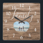Personalized Rustic Wood Effect | Heart Photo Square Wall Clock<br><div class="desc">This stylish family photo clock is the perfect gift forchristmas,  birthday,  wedding,  baby shower and more. The clock features a rustic wood effect background,  Text  which reads 'HENDERSON FAMILY',  and a heart shaped photo. The text font style can be changed by clicking on the customize further link after personalizing.</div>