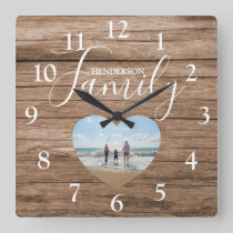 Personalized Rustic Wood Effect | Heart Photo Square Wall Clock