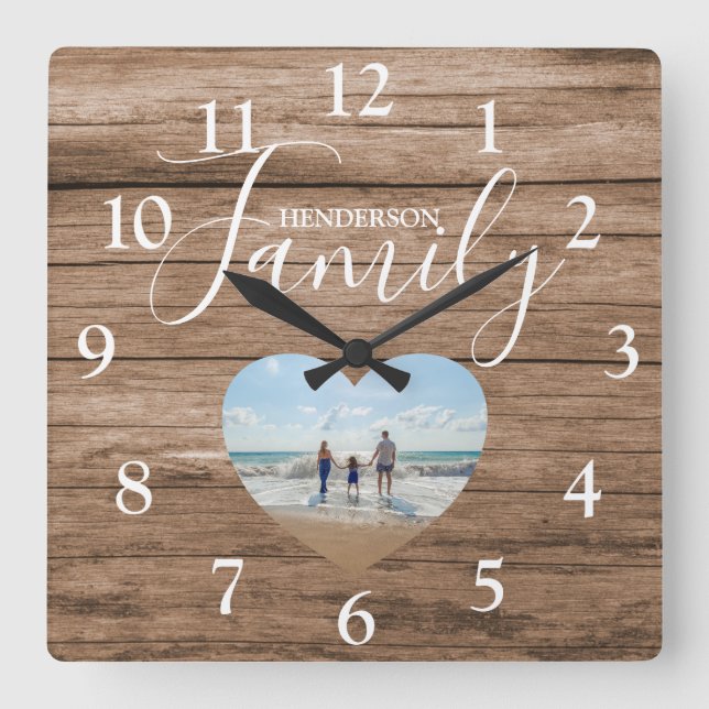 Personalized Rustic Wood Effect | Heart Photo Square Wall Clock (Front)