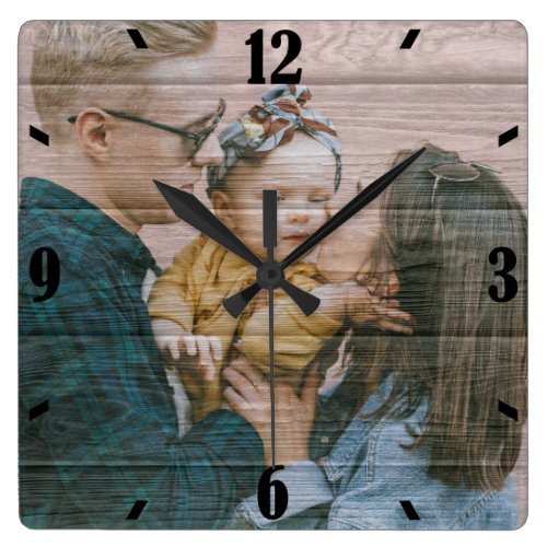 Personalized Rustic Wood Effect Photo Square Wall Clock - A rustic farmhouse style wall clock featuring a precious family photo with a wood effect overlay, and black formal clock numbers.