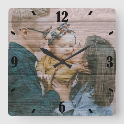 Personalized Rustic Wood Effect Photo Square Wall Clock
