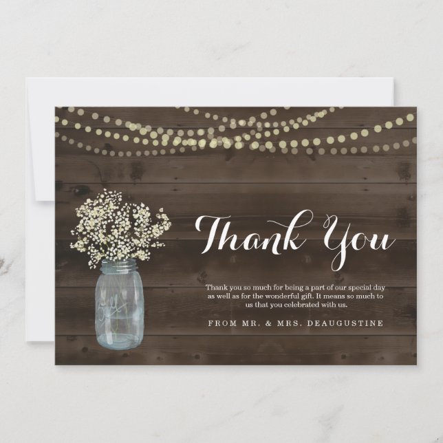 Personalized Rustic Wood & Fairy Lights Thank You Card (Front)