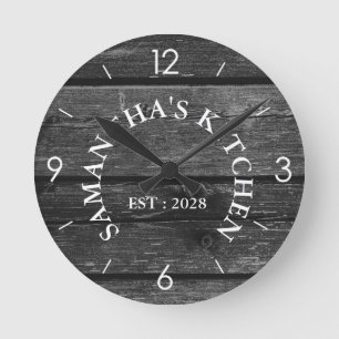 Personalized Rustic Wood Farmhouse Kitchen Round Clock