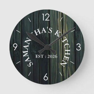 Personalized Rustic Wood Farmhouse Kitchen Round Round Clock