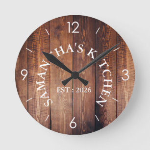 Personalized Rustic Wood Farmhouse Kitchen Round Round Clock