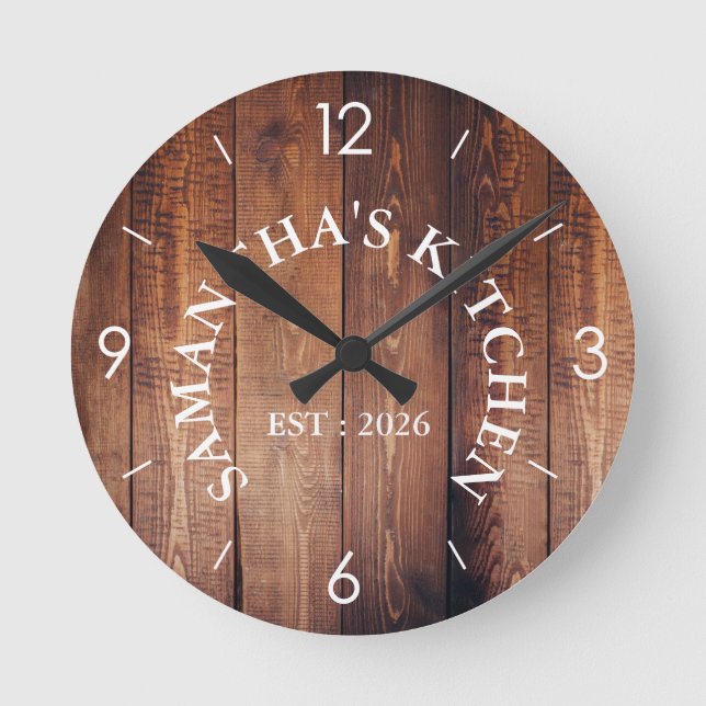 Personalized Rustic Wood Farmhouse Kitchen Round  Round Clock (Front)