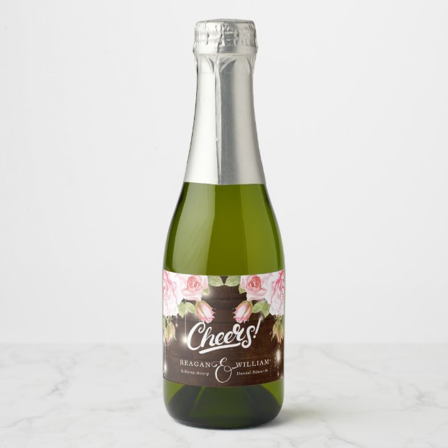 Personalized Rustic Wood Floral Wedding Sparkling Wine Label (Front)