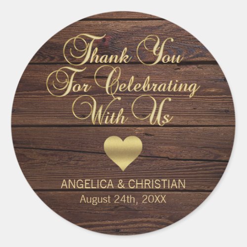 Personalized RUSTIC Wood Gold Heart Wedding Classic Round Sticker