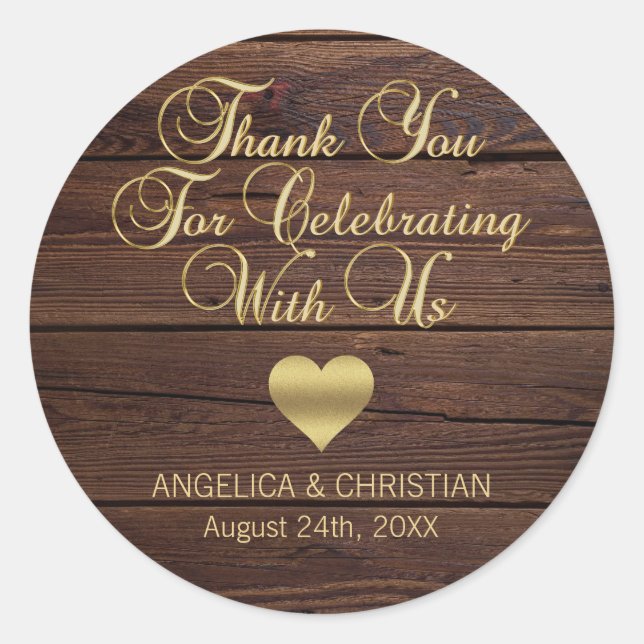 Personalized RUSTIC Wood Gold Heart Wedding Classic Round Sticker (Front)