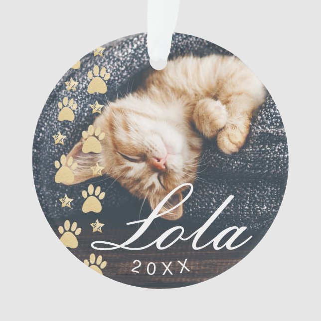 Personalized Rustic Wood Gold Pet Paw Print Photo Ornament (Front)