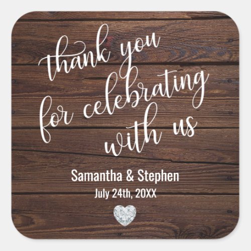 Personalized Rustic Wood Heart Thank You Wedding Square Sticker